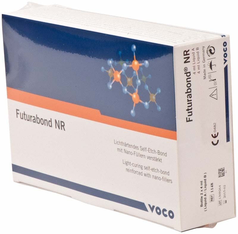 Lichthärtendes Adhäsiv Futurabond NR Verpackung mit Produktinformationen.