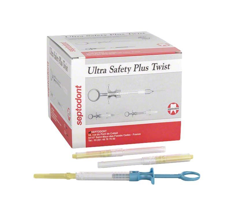 Ultra Safety Plus Twist Injektionskanülen G30 Verpackung mit Spritze vorne.