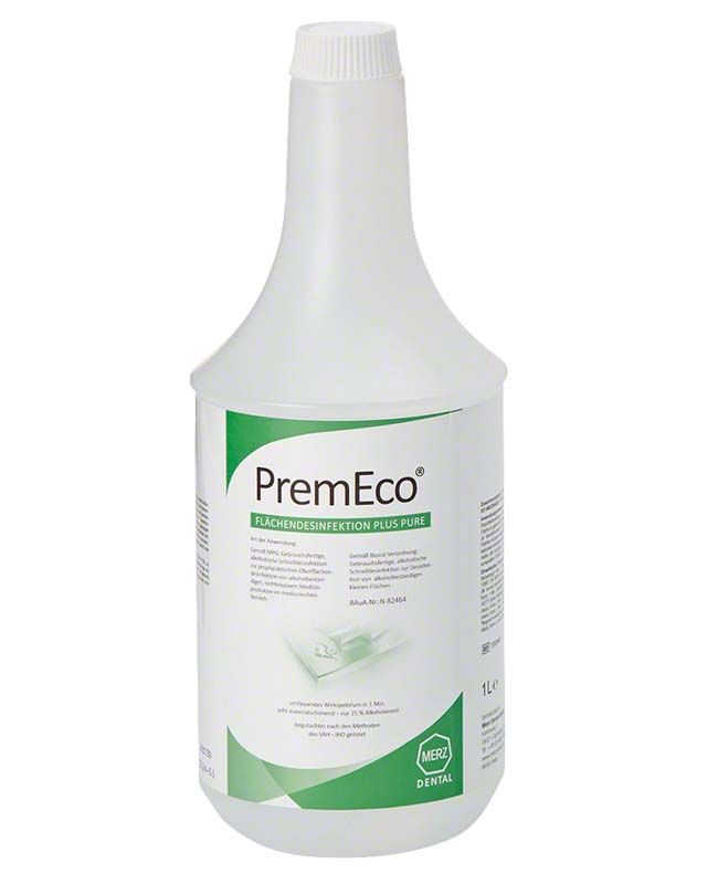 PremEco® Flächendesinfektion Plus pure Flasche, 1 Liter, mit grünem Etikett.