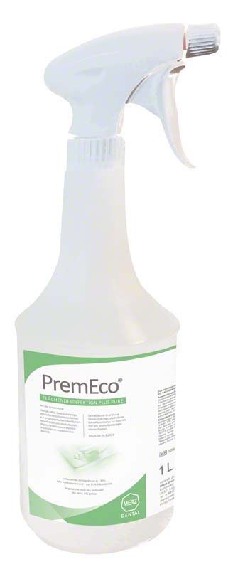 PremEco® Flächendesinfektion Plus Flasche mit Sprühkopf, 1 Liter, grünes Etikett.