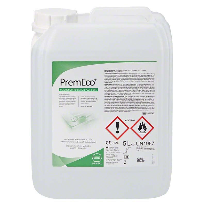 PremEco® Flächendesinfektion Plus pure 5-Liter-Kanister mit Warnhinweisen.