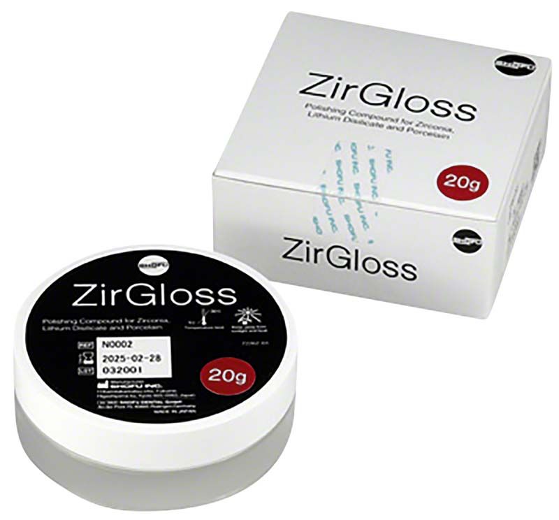 ZirGloss Polierpaste mit Verpackung für Zahntechnik, 20g Dose.