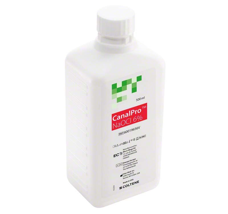 CanalPro™ NaOCl 6% Flasche mit Etikett und Dosierkappe.