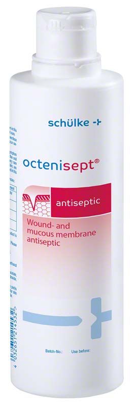 Octenisept® Flasche 250ml mit antiseptischem Etikett und Schülke-Logo.