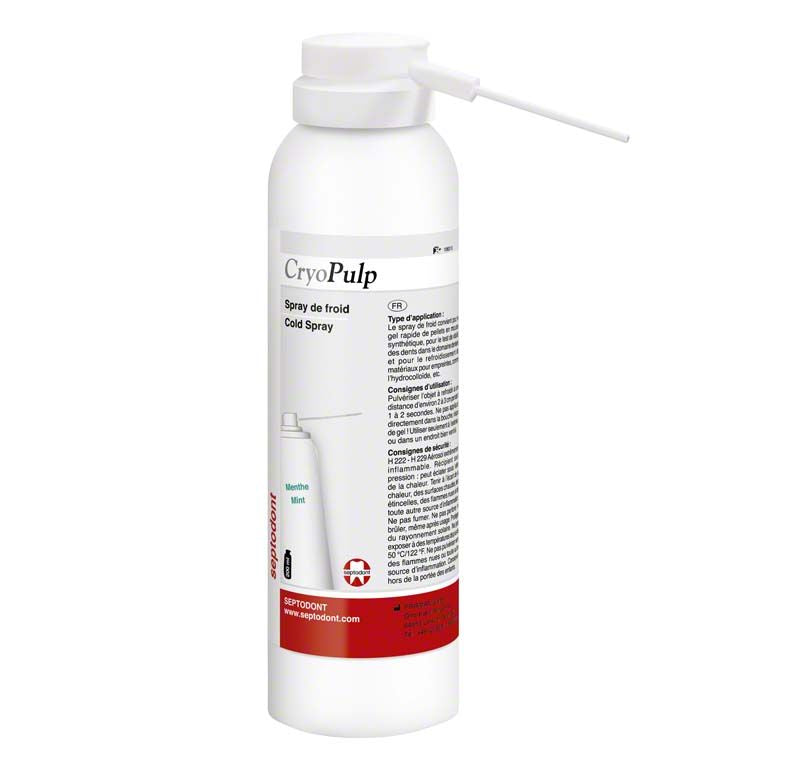 Kältespray CryoPulp in weißer Flasche mit Sprühdüse.