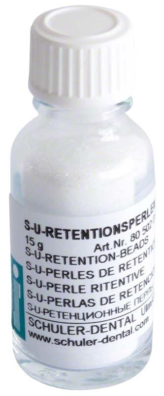 Durchsichtiges Fläschchen mit S-U-Retentionsperlen 0,4mm und weißem Verschluss.