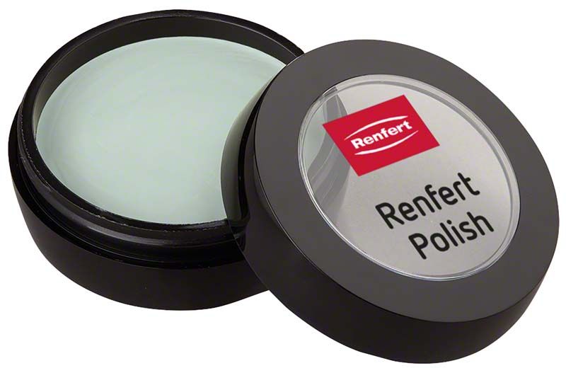 Renfert Polish all-in-one in geöffneter schwarzer Dose mit rotem Logo.