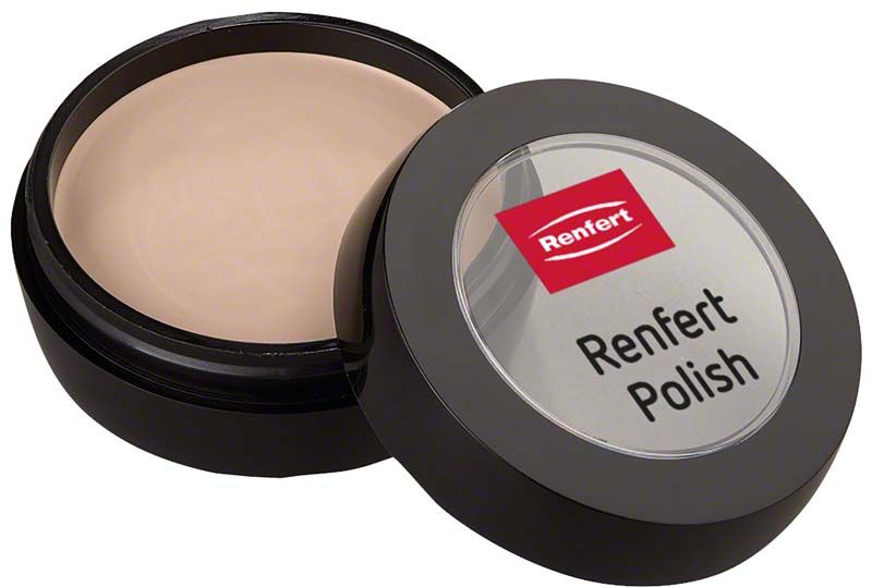 Renfert Polish ZrO2 im schwarzen Kunststoffbehälter mit transparentem Deckel.
