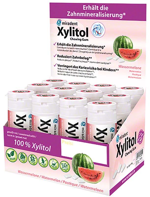 Xylitol Kaugummi Display Wassermelone, zuckerfrei, in mehrfachem Pack.