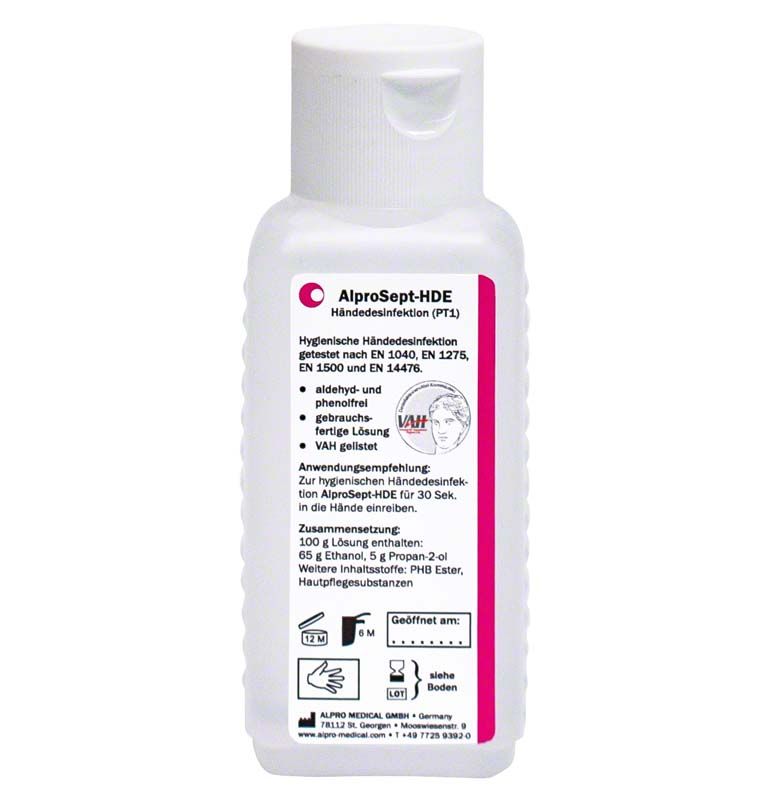 AlproSept-HDE Händedesinfektionsmittel in 100 ml Flasche mit Etikett.