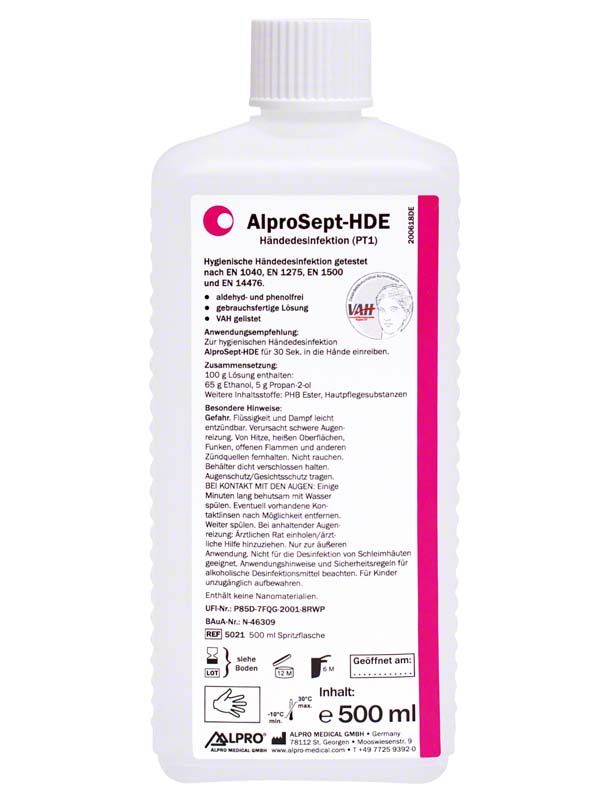 AlproSept-HDE Händedesinfektionsmittel Flasche 500 ml mit Etikett.