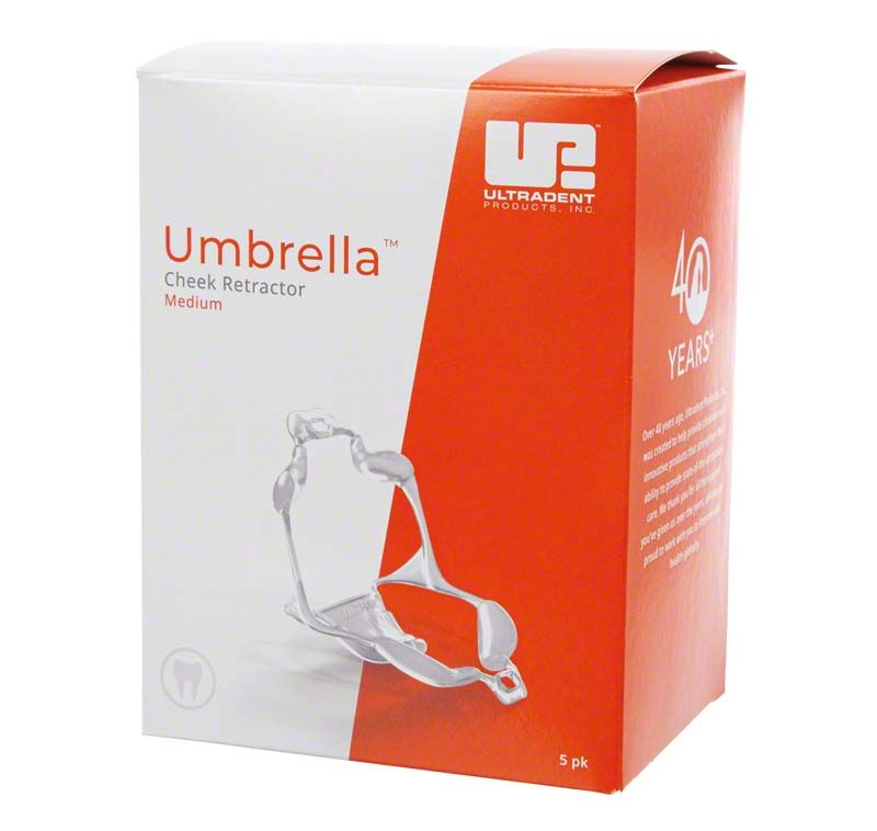 Verpackung des Umbrella Cheek Retractor™ medium, 5er Pack, mit Produktabbildung.