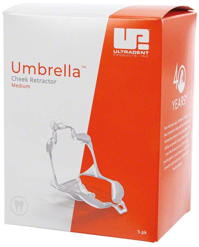 Umbrella Cheek Retractor™ medium, 5er Packung mit Verpackungsdesign und Produktabbildung.