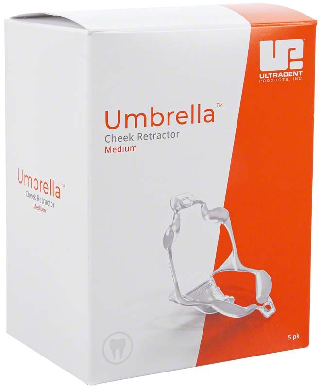 Verpackung des Umbrella Cheek Retractor™ medium, 5er Pack, mit Produktabbildung.