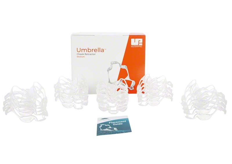 Umbrella Cheek Retractor™ medium vor Verpackung mit Platzierungsanleitung.