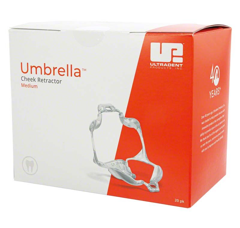 Verpackung des Umbrella Cheek Retractor™ medium 20er Pack mit Produktabbildung.