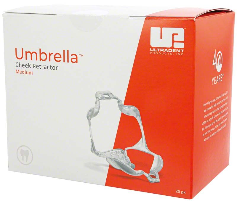 Umbrella Cheek Retractor™ medium 20er Pack mit Abbildung des Retraktors auf Verpackung.