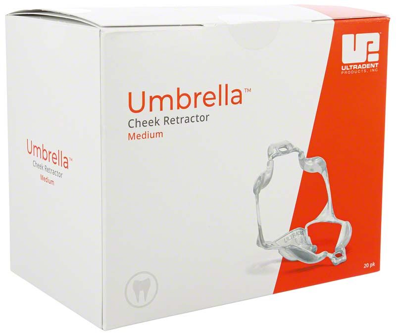 Verpackung des Umbrella Cheek Retractor™ medium 20er Pack mit Produktabbildung.