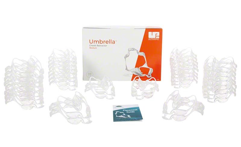 Verpackung der Umbrella Cheek Retractor™ medium mit mehreren Retraktoren und Anleitung.