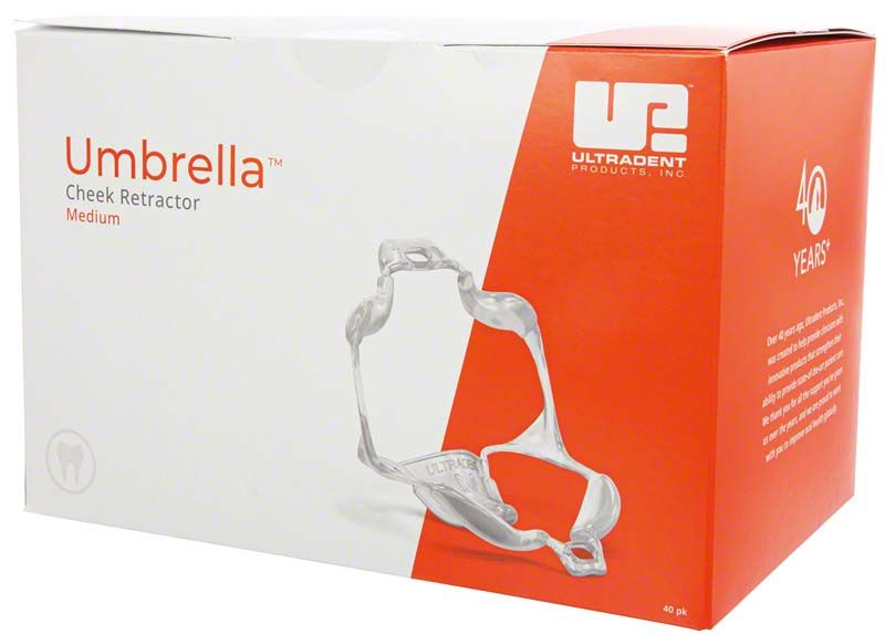 Verpackung des Umbrella Cheek Retractor™ medium 40er Pack mit Produktabbildung.