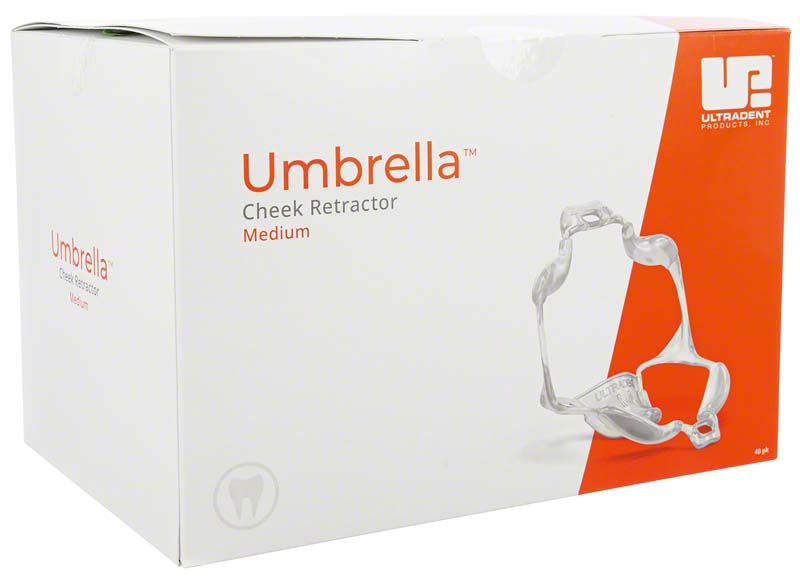 Verpackung des Umbrella Cheek Retractor™ medium mit Abbildung eines einzelnen Retraktors.