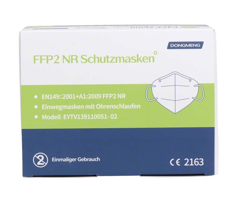 FFP2 NR Schutzmaske in Verpackung mit Modellnummer und Gebrauchshinweisen.