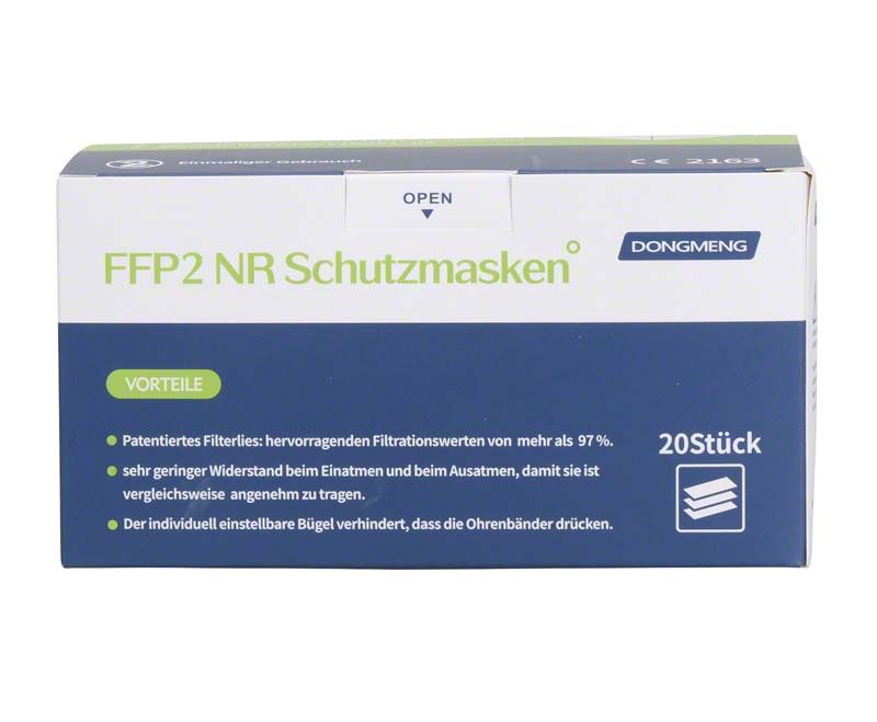 FFP2 NR Schutzmasken-Verpackung mit 20 Stück und Vorteilen aufgedruckt.
