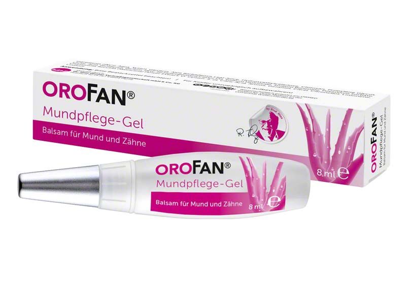 OROFAN® Mundpflege-Gel Tube 8ml mit Verpackung im Hintergrund.