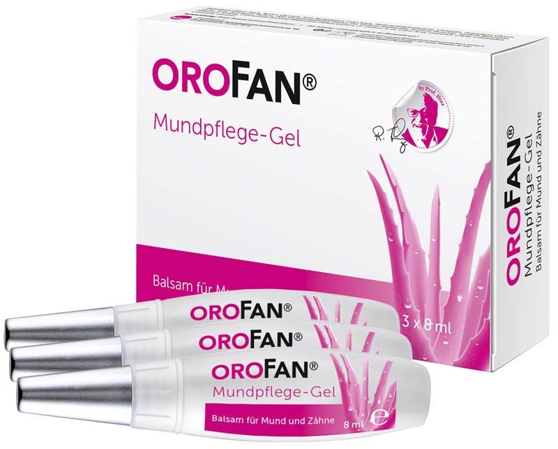 OROFAN® Mundpflege-Gel Tube 3x8ml mit Verpackung und Aloe-Vera-Darstellung.