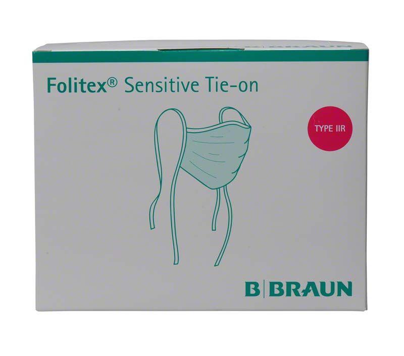 Folitex® Gesichtsmaske Sensitive tie-on Verpackung mit Illustrationen und Typ IIR Kennzeichnung.