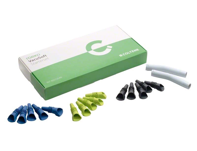 ROEKO VacuSoft Starterset Absaugkanülen in verschiedenen Farben vor Verpackung.