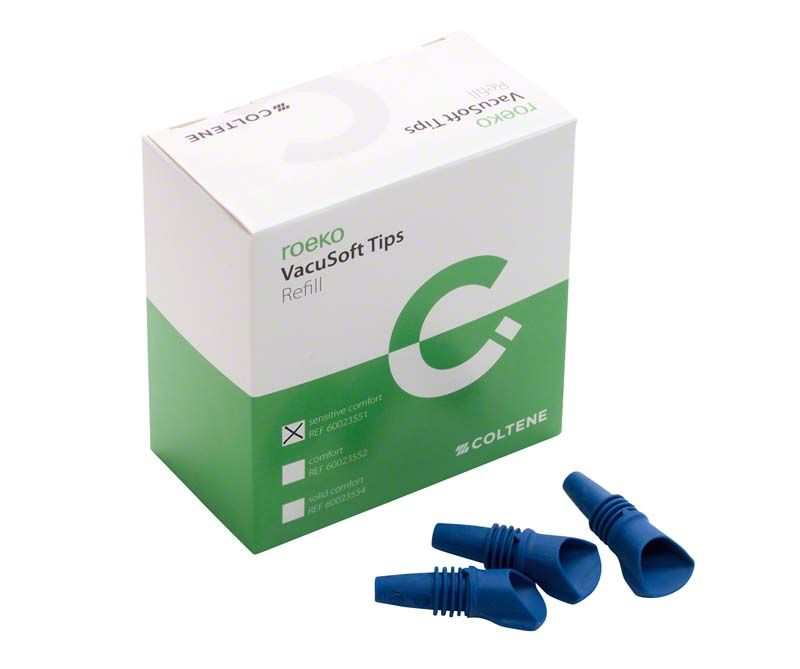 Weiße und grüne Verpackung der ROEKO VacuSoft Tips mit blauen Spitzen.