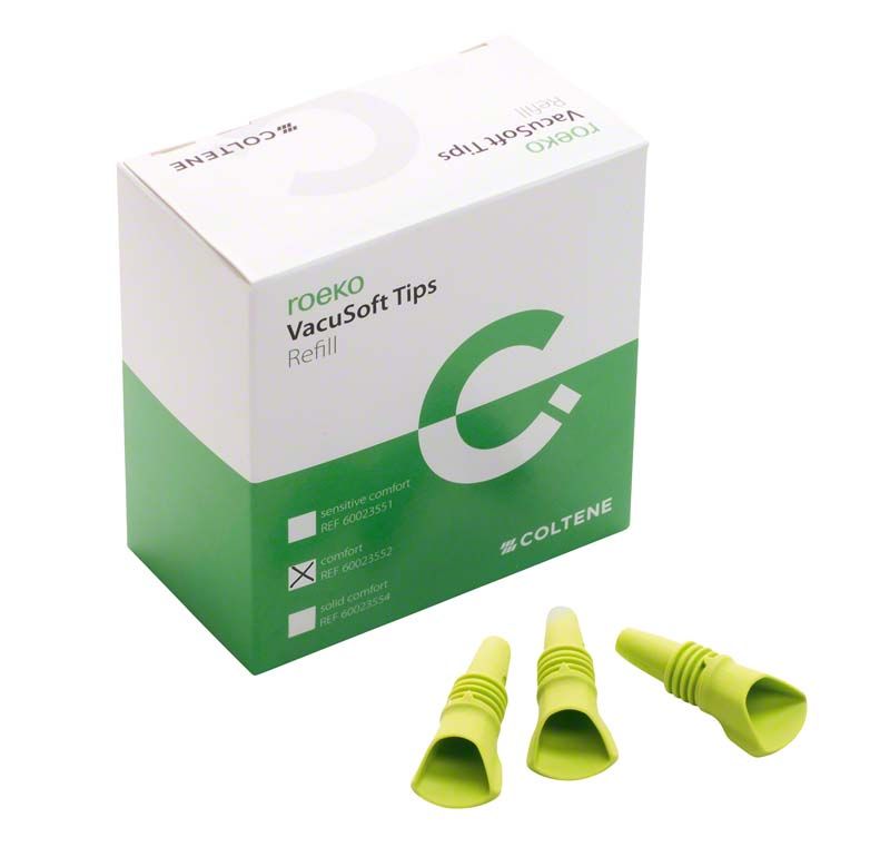 ROEKO VacuSoft Tips in grüner Verpackung mit drei gelben Spitzen.
