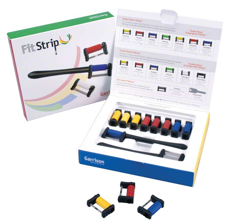 FitStrip™ Subgingivales Finishing Starter Kit mit verschiedenen Streifenfarben in geöffneter Verpackung.