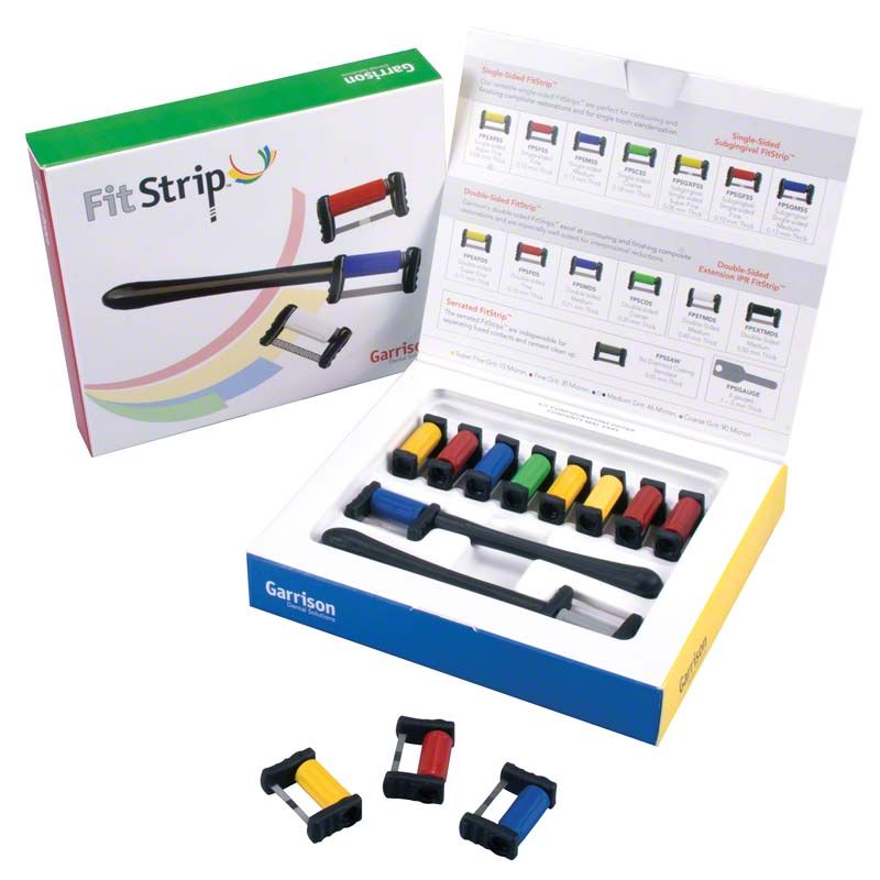 FitStrip™ Subgingivales Finishing Starter Kit mit farbcodierten Streifen in geöffneter Verpackung.