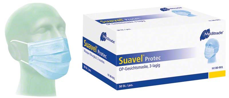 OP-Maske Suavel® Protec Typ II, blau, mit Verpackung im Hintergrund.