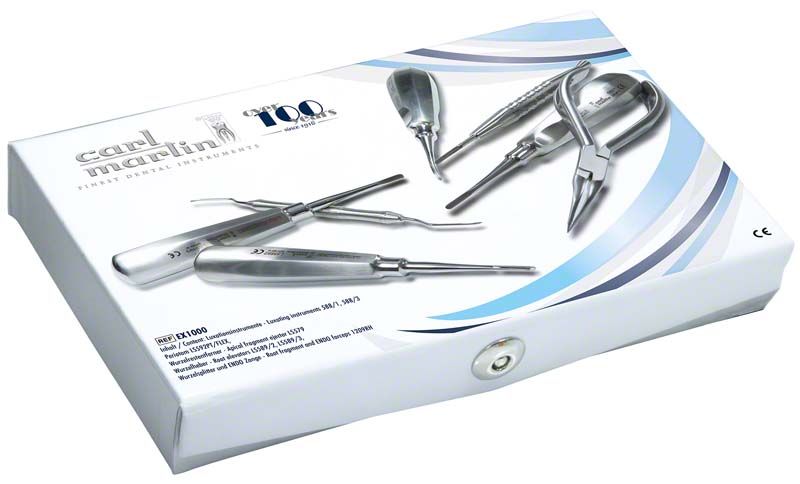 Verpackung des Wurzelheber-Sets mit Abbildung der enthaltenen Instrumente.