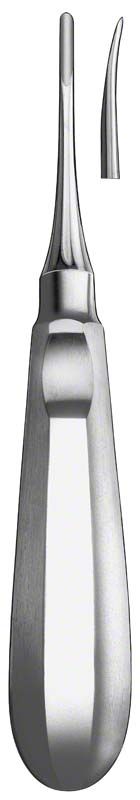 Zahnwurzelheber aus Edelstahl mit abgewinkelter Spitze und ergonomischem Griff.