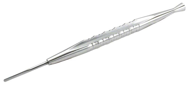 Edelstahl-Wurzelheber mit geriffeltem, ergonomischem Griff für besseren Halt.