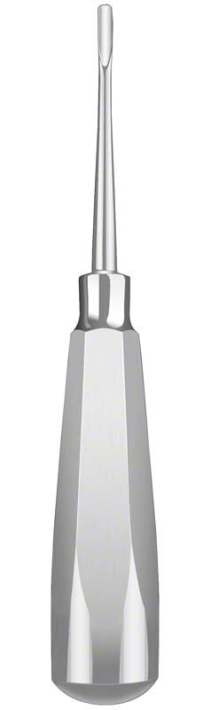 Edelstahl-Wurzelheber mit schlankem, geradem Griff und schmaler Spitze.