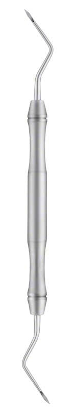 Zahnwurzelheber mit doppelter Spitze aus Edelstahl und ergonomischem Griff.
