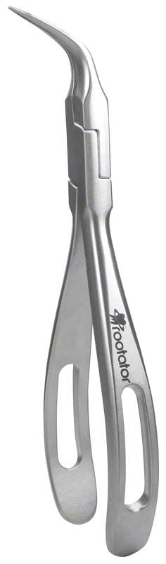 Edelstahl-Wurzelheber mit geschwungener Spitze und ergonomischem Griff.