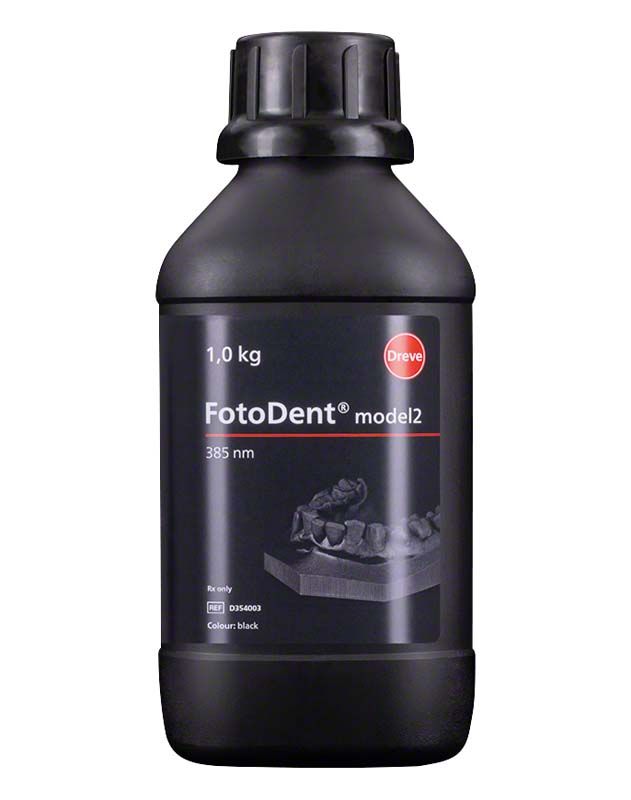 Flasche mit schwarzem FotoDent® model2 3D-Druckharz, 1 kg, 385 nm.