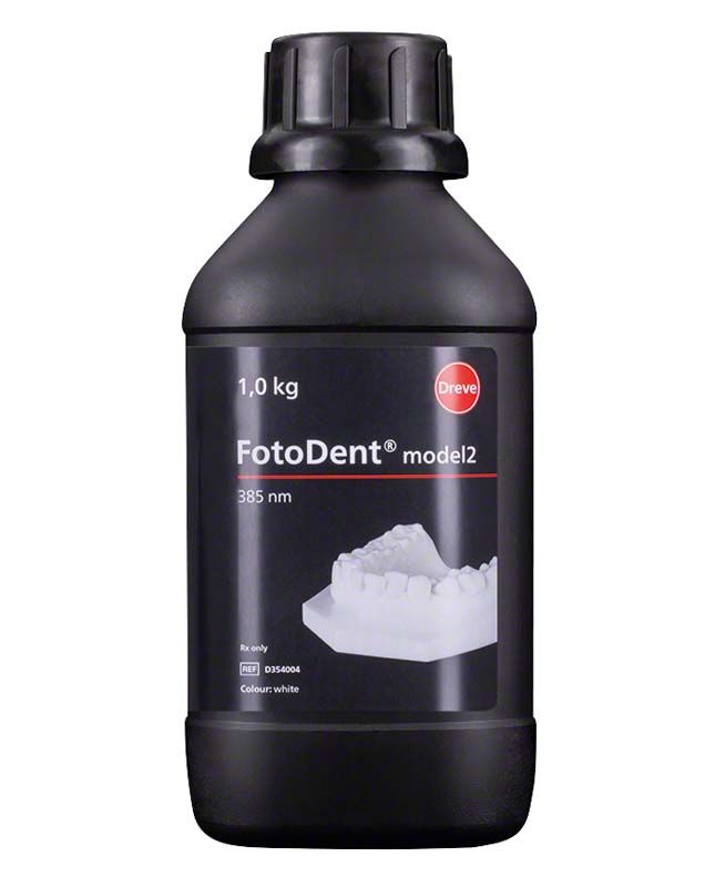 1-kg-Flasche FotoDent® model2 3D-Kunststoff in weißer Farbe.