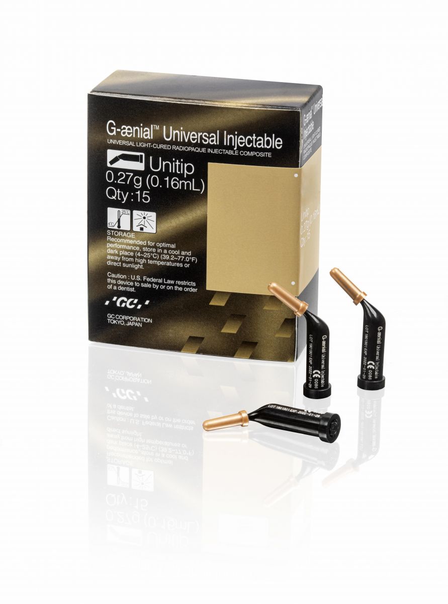 GC G-ænial® Universal Injectable Unitips in schwarzer Verpackung mit Einheiten.