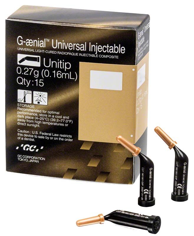 GC G-ænial® Universal Injectable Unitips A3 Verpackung mit drei schwarzen Einheiten.