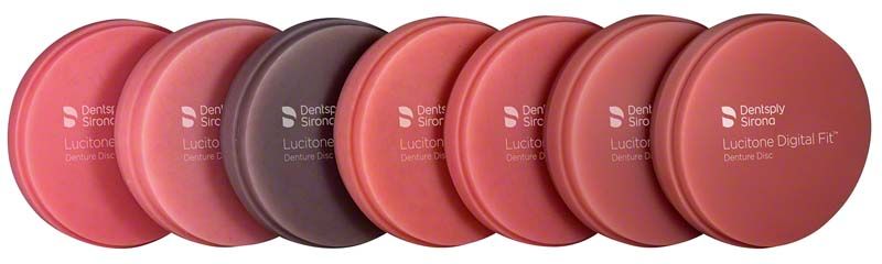 Lucitone Digital Fit™ Denture Disc, 20mm, in hellrötlichem Pink, gestapelt.