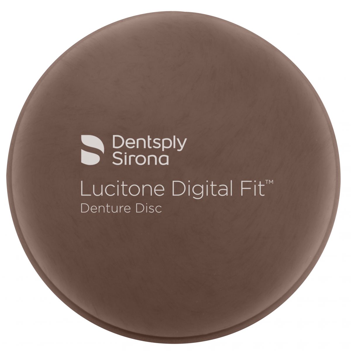 Runde Denture Disc Lucitone Digital Fit™ in Dunkelrosa mit Logo und Beschriftung.