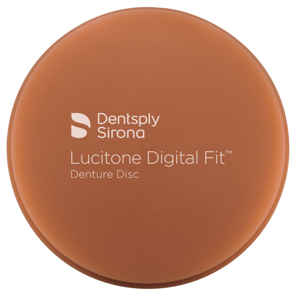 Lucitone Digital Fit™ Denture Disc 20mm in einheitlichem Ockerton mit Aufschrift.