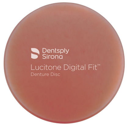 Lucitone Digital Fit™ Denture Disc 25mm in hellem Rotton mit Logoaufdruck.